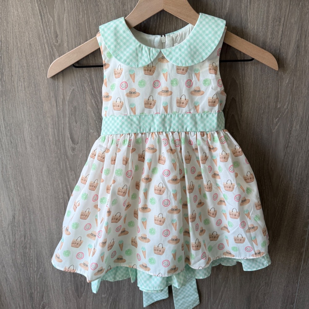 Evie's Closet Picnic Dress Girls 3 White Mint Green Gingham Fruit Novelty Print